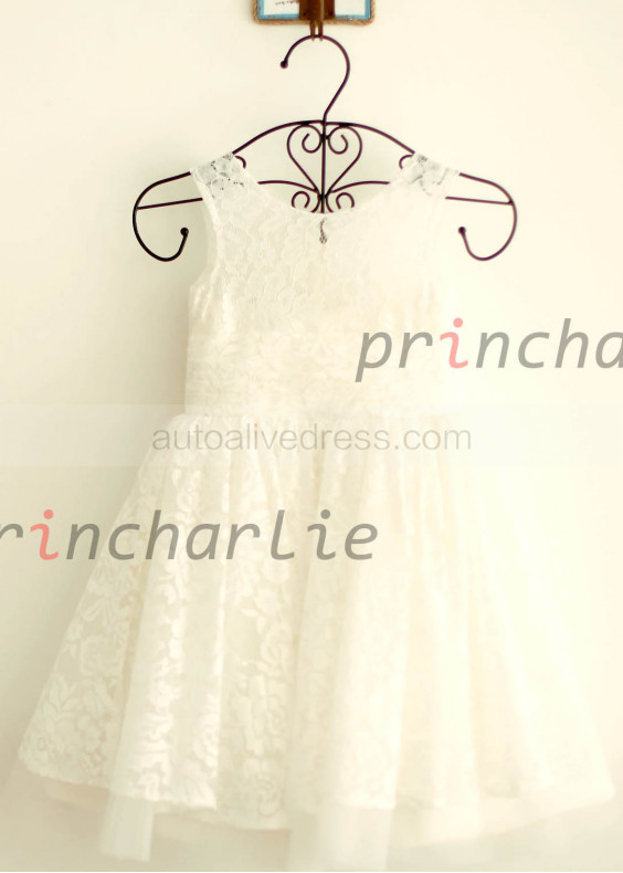 On Sale Ivory Lace Tulle Knee Length Flower Girl Dress